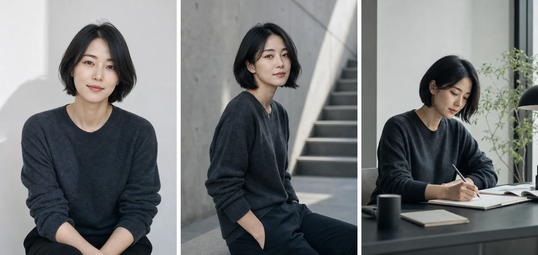 同一位女性创作者在工作室、建筑和书桌场景中的三种个人品牌肖像