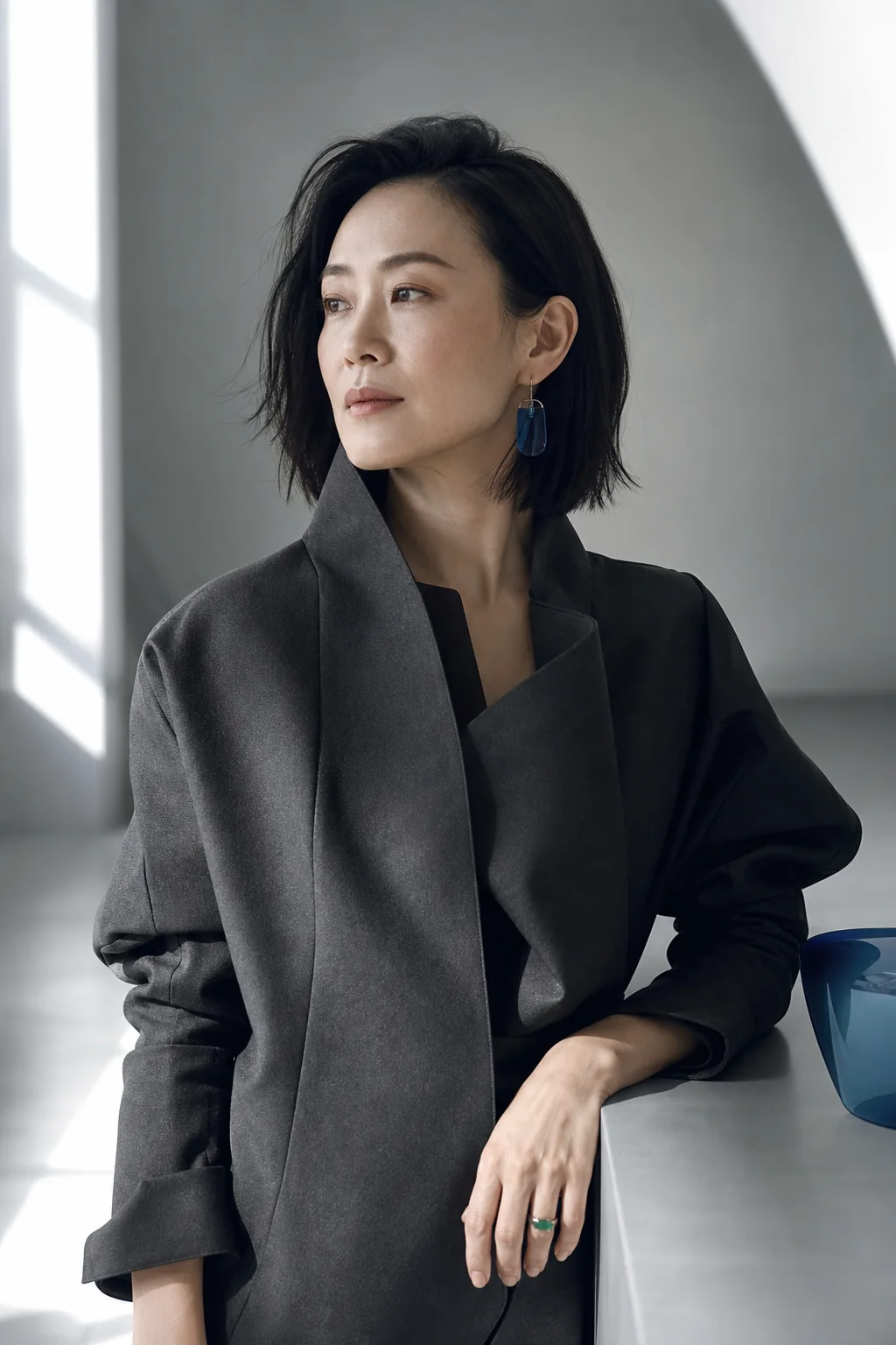 同一女性穿炭黑建筑感西装的品牌肖像